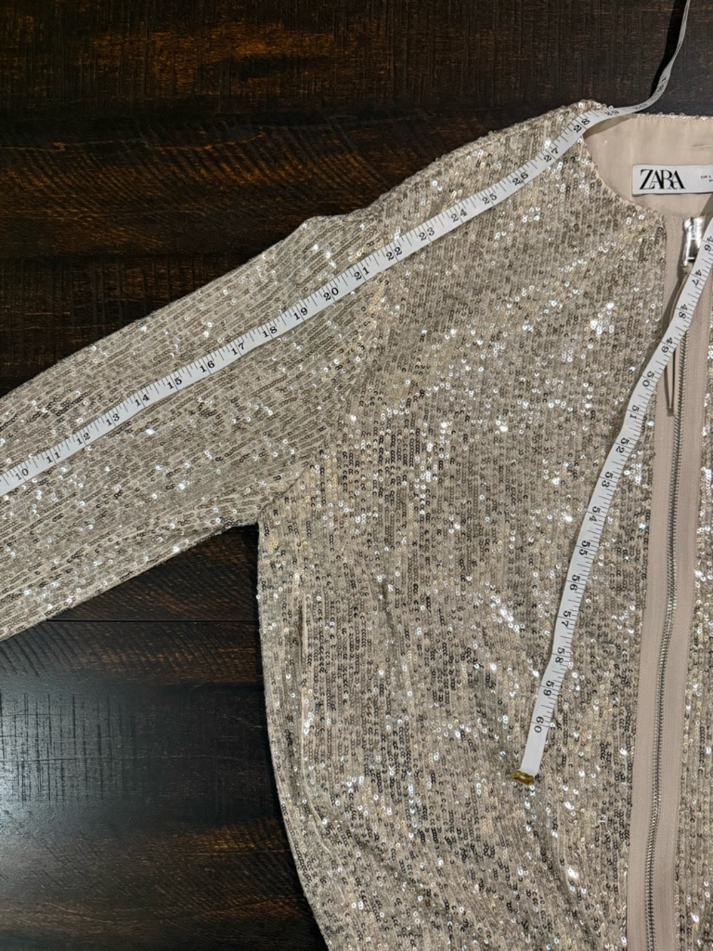 Zara Silver Sequin Bomber Jacket Champagne Zip Front L - Picture 7 of 12